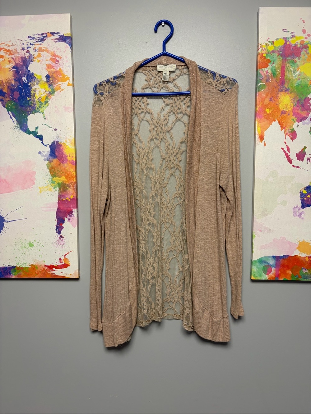 Forever 21 Taupe Open-Front Crochet-Back Cardigan